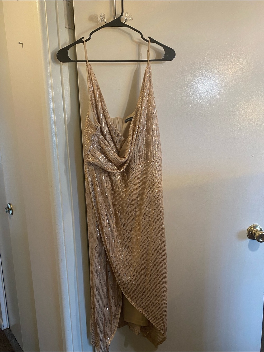 Sequin High-Low Slip Dress in Gold